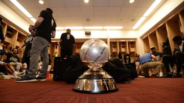 HOUSTON, TX - MAY 28: a general view of the conference trophy after Golden State Warriors defeated the Houston Rockets in Game Seven of the Western Conference Finals during the 2018 NBA Playoffs on May 28, 2018 at the Toyota Center in Houston, Texas. NOTE TO USER: User expressly acknowledges and agrees that, by downloading and/or using this photograph, user is consenting to the terms and conditions of the Getty Images License Agreement. Mandatory Copyright Notice: Copyright 2018 NBAE (Photo by Noah Graham/NBAE via Getty Images)