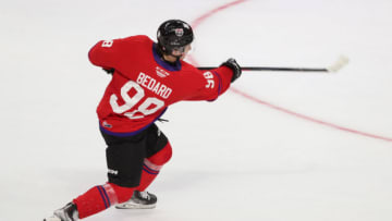 LANGLEY, BRITISH COLUMBIA - JANUARY 25: Forward Connor Bedard #98 of the Regina Pats fires a slapshot for team Red during the 2023 Kubota CHL Top Prospects Game at the Langley Events Centre on January 25, 2023 in Langley, British Columbia. (Photo by Dennis Pajot/Getty Images)