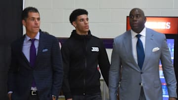 LOS ANGELES, CA - JUNE 23: Magic Johnson, president of basketball operations, Lonzo Ball and general manager Rob Pelinka of the Los Angeles Lakers arrive for a press conference on June 23, 2017 at the team training faculity in Los Angeles, California. (Photo by Jayne Kamin-Oncea/Getty Images)