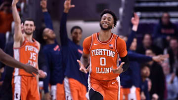 EVANSTON, ILLINOIS - FEBRUARY 27: Alan Griffin #0 of the Illinois Fighting Illini reacts after making a three point basket in the second half against the Northwestern Wildcats at Welsh-Ryan Arena on February 27, 2020 in Evanston, Illinois. (Photo by Quinn Harris/Getty Images)
