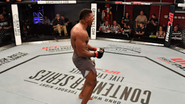 LAS VEGAS, NV - JUNE 12: Alonzo Menifield celebrates after his TKO victory over Dashawn Boatwright in their light heavyweight bout during Dana White's Tuesday Night Contender Series at the TUF Gym on June 12, 2018 in Las Vegas, Nevada. (Photo by Jeff Bottari/DWTNCS LLC)