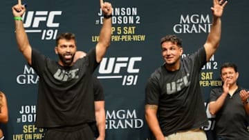 Sep 4, 2015; Las Vegas, NV, USA; Andrei Arlovski (left) and Frank Mir face off for for their heavyweight bout at UFC 191 at the MGM Grand Garden Arena. Mandatory Credit: Jayne Kamin-Oncea-USA TODAY Sports