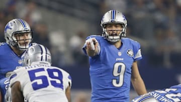 Dec 26, 2016; Arlington, TX, USA; Detroit Lions quarterback Matthew Stafford (9) calls a play in the first quarter against the Dallas Cowboys at AT&T Stadium. Mandatory Credit: Tim Heitman-USA TODAY Sports