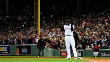 Oct 10, 2016; Boston, MA, USA; Boston Red Sox designated hitter David Ortiz (34) reacts standing at firdtbase in the eighth inning against the Cleveland Indians during game three of the 2016 ALDS playoff baseball series at Fenway Park. Mandatory Credit: Bob DeChiara-USA TODAY Sports