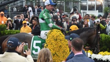 May 21, 2016; Baltimore, MD, USA; Kent Desormeaux jockey of Exaggerator (not pictured) celebrates in the winners circle after winning the 141st running of the Preakness Stakes at Pimlico Race Course. Mandatory Credit: Tommy Gilligan-USA TODAY Sports