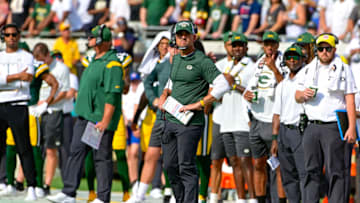 Sep 12, 2021; Jacksonville, Florida, USA; Green Bay Packers head coach Matt LaFleur looks onto the field during the first quart against the New Orleans Saints at TIAA Bank Field. Mandatory Credit: Tommy Gilligan-USA TODAY Sports