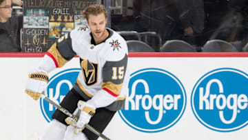 DETROIT, MI - FEBRUARY 07: Jon Merrill #15 of the Vegas Golden Knights skates with the puck during warm-ups prior to an NHL game against the Detroit Red Wings at Little Caesars Arena on February 7, 2019 in Detroit, Michigan. (Photo by Dave Reginek/NHLI via Getty Images)