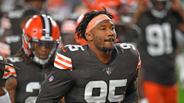 CLEVELAND, OHIO - SEPTEMBER 17: Defensive end Myles Garrett #95 of the Cleveland Browns runs off the field after pregame warmups prior to the game against the Cincinnati Bengals at FirstEnergy Stadium on September 17, 2020 in Cleveland, Ohio. The Browns defeated the Bengals 35-30. (Photo by Jason Miller/Getty Images)