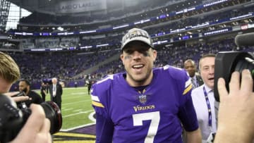 MINNEAPOLIS, MN - DECEMBER 17: Case Keenum #7 of the Minnesota Vikings wears an "NFC North Champions" hat after the game against the Cincinnati Bengals on December 17, 2017 at U.S. Bank Stadium in Minneapolis, Minnesota. The Vikings defeated the Bengals 34-7 and clinched the NFC North Division. (Photo by Hannah Foslien/Getty Images)