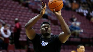 TALLAHASSEE, FL - JANUARY 12: Zion Williamson #1 of the Duke Blue Devils warms up prior to the game between the Florida State Seminoles and the Duke Blue Devils at Donald L. Tucker Center on January 12, 2019 in Tallahassee, Florida. (Photo by Michael Reaves/Getty Images)