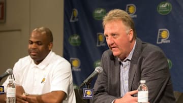 May 16, 2016; Indianapolis, IN, USA; Indiana Pacers president of basketball operations Larry Bird announces Nate McMillan as the new head coach during a press conference at Bankers Life Fieldhouse. Mandatory Credit: Trevor Ruszkowski-USA TODAY Sports