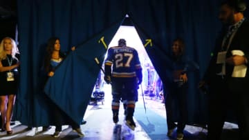 St. Louis Blues defenseman and team captain Alex Pietrangelo takes the ice for pregame introductions before the home opener, against the Dallas Stars, on Saturday, Oct. 7, 2017, at the Scottrade Center in St. Louis. The Blues won, 4-2. (Chris Lee/St. Louis Post-Dispatch/TNS via Getty Images)