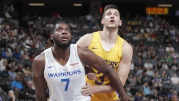 SACRAMENTO, CA - JULY 2: Eric Paschall #7 of the Golden State Warriors and Rosco Allen #3 of the Los Angeles Lakers fights for position to grab the rebound on July 2, 2019 at Golden 1 Center in Sacramento, California. NOTE TO USER: User expressly acknowledges and agrees that, by downloading and or using this Photograph, user is consenting to the terms and conditions of the Getty Images License Agreement. Mandatory Copyright Notice: Copyright 2019 NBAE (Photo by Rocky Widner/NBAE via Getty Images)