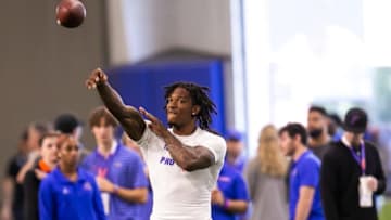 Florida Gators quarterback Anthony Richardson (15) warms up on the field during the 2023 NFL Pro Day held at Condron Family Indoor Practice Facility in Gainesville, FL on Thursday, March 30, 2023. Richardson will meet with six NFL teams. They are the Panthers, Colts, Titans, Raiders, Falcons and Ravens. [Doug Engle/Gainesville Sun]Gai Ufproday30