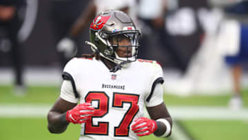 Oct 25, 2020; Paradise, Nevada, USA; Tampa Bay Buccaneers running back Ronald Jones II (27) against the Las Vegas Raiders at Allegiant Stadium. Mandatory Credit: Mark J. Rebilas-USA TODAY Sports