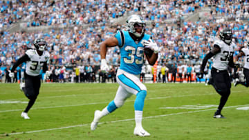 CHARLOTTE, NORTH CAROLINA - OCTOBER 06: Reggie Bonnafon #39 of the Carolina Panthers scores a touchdown in the fourth quarter during their game against the Jacksonville Jaguars at Bank of America Stadium on October 06, 2019 in Charlotte, North Carolina. (Photo by Jacob Kupferman/Getty Images)