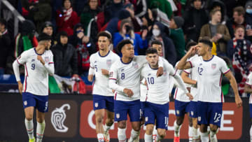 Nov 12, 2021; Cincinnati, Ohio, USA; United States forward Christian Pulisic (10) celebrates his goal with teammates during a FIFA World Cup Qualifier soccer match against the Mexico at TQL Stadium. Mandatory Credit: Trevor Ruszkowski-USA TODAY Sports
