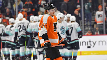 Feb 12, 2023; Philadelphia, Pennsylvania, USA; Philadelphia Flyers right wing Owen Tippett (74) skates off the ice after loss to the Seattle Kraken at Wells Fargo Center. Mandatory Credit: Eric Hartline-USA TODAY Sports