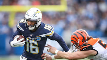 CARSON, CA - DECEMBER 09: Wide receiver Tyrell Williams #16 of the Los Angeles Chargers makes a pass play in front of outside linebacker Nick Vigil #59 of the Cincinnati Bengals in the fourth quarter at StubHub Center on December 9, 2018 in Carson, California. (Photo by Sean M. Haffey/Getty Images)