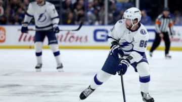 Nov 28, 2022; Buffalo, New York, USA; Tampa Bay Lightning right wing Nikita Kucherov (86) looks to make a pass during the first period against the Buffalo Sabres at KeyBank Center. Mandatory Credit: Timothy T. Ludwig-USA TODAY Sports