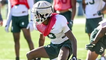 Michigan State cornerback Charles Brantley runs a drill during football practice on Thursday, Aug. 11, 2022, in East Lansing.220811 Msu Fb Practice 097a