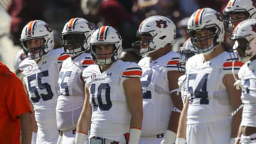 Auburn footballNov 6, 2021; College Station, Texas, USA; Auburn Tigers quarterback Bo Nix (10) warms up before playing against the Texas A&M Aggies at Kyle Field. Mandatory Credit: Thomas Shea-USA TODAY Sports