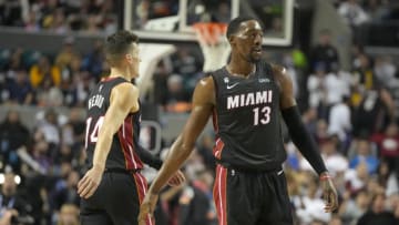 Miami Heat guard Tyler Herro (14) and center Bam Adebayo (13) celebrate in the fourth quarter of the NBA Mexico City Game 2022 against the San Antonio Spurs( Kirby Lee-USA TODAY Sports)