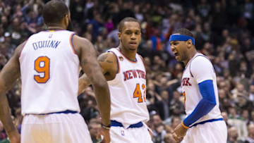 Jan 6, 2017; Milwaukee, WI, USA; New York Knicks forward Carmelo Anthony (7) reacts to a play during the fourth quarter against the Milwaukee Bucks at BMO Harris Bradley Center. New York won 116-111. Mandatory Credit: Jeff Hanisch-USA TODAY Sports