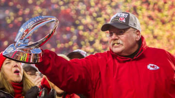 KANSAS CITY, MO - JANUARY 19: Kansas City Chiefs head coach Andy Reid displays the Lamar Hunt to the fans in victorious fashion after the AFC Championship game between the Tennessee Titans and the Kansas City Chiefs on Sunday January 19, 2020 at Arrowhead Stadium in Kansas City, MO. (Photo by Nick Tre. Smith/Icon Sportswire via Getty Images)