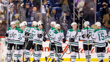WINNIPEG, MB - MARCH 25: Dallas Stars players celebrate on the ice following a 5-2 victory over the Winnipeg Jets at the Bell MTS Place on March 25, 2019 in Winnipeg, Manitoba, Canada. (Photo by Darcy Finley/NHLI via Getty Images)