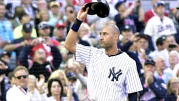 Jul 15, 2014; Minneapolis, MN, USA; American League infielder Derek Jeter (2) of the New York Yankees waves to the crowd as he is replaced in the fourth inning during the 2014 MLB All Star Game at Target Field. Mandatory Credit: Scott Rovak-USA TODAY Sports