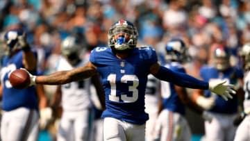CHARLOTTE, NC - OCTOBER 07: Odell Beckham Jr. #13 of the New York Giants reacts against the Carolina Panthers in the second quarter during their game at Bank of America Stadium on October 7, 2018 in Charlotte, North Carolina. (Photo by Grant Halverson/Getty Images)