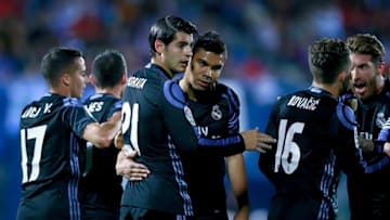 LEGANES, SPAIN - APRIL 05: Alvaro Morata (3dL) of Real Madrid CF celebrates scoring their third goal with teammates Carlos Casemiro (4thL), Mateo Kovacic (2ndR) and Sergio Ramos (R) during the La Liga match between CD Leganes and Real Madrid CF at Estadio Municipal de Butarque on April 5, 2017 in Leganes, Spain. (Photo by Gonzalo Arroyo Moreno/Getty Images)