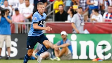 Jul 29, 2015; Denver, CO, USA; Tottenham Hotspur defender Toby Alderweireld (4) controls the ball in the first half of the 2015 MLS All Star Game at Dick's Sporting Goods Park. Mandatory Credit: Isaiah J. Downing-USA TODAY Sports