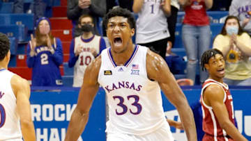 Jan 9, 2021; Lawrence, Kansas, USA; Kansas Jayhawks forward David McCormack (33) celebrates after scoring against the Oklahoma Sooners during the second half at Allen Fieldhouse. Mandatory Credit: Denny Medley-USA TODAY Sports