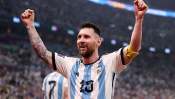 LUSAIL CITY, QATAR - DECEMBER 13: Lionel Messi of Argentina celebrates during the FIFA World Cup Qatar 2022 semi final match between Argentina and Croatia at Lusail Stadium on December 13, 2022 in Lusail City, Qatar. (Photo by Lars Baron/Getty Images)