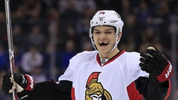 Dec 27, 2016; New York, NY, USA; Ottawa Senators defenseman Mark Borowiecki (74) celebrates scoring a goal during the first period against the New York Rangers at Madison Square Garden. Mandatory Credit: Adam Hunger-USA TODAY Sports