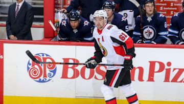 WINNIPEG, MB - FEBRUARY 16: Mark Stone #61 of the Ottawa Senators keeps an eye on the play during second period action against the Winnipeg Jets at the Bell MTS Place on February 16, 2019 in Winnipeg, Manitoba, Canada. The Sens defeated the Jets 4-3 in overtime. (Photo by Jonathan Kozub/NHLI via Getty Images)