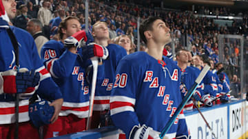NEW YORK, NY - OCTOBER 29: Chris Kreider #20 of the New York Rangers looks on during pregame ceremonies prior to the game against the Tampa Bay Lightning at Madison Square Garden on October 29, 2019 in New York City. (Photo by Jared Silber/NHLI via Getty Images)