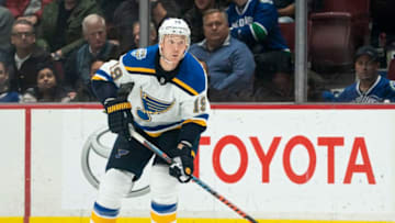 VANCOUVER, BC - NOVEMBER 05: Jay Bouwmeester #19 of the St. Louis Blues skates with the puck during NHL action against the Vancouver Canucks at Rogers Arena on November 5, 2019 in Vancouver, Canada. (Photo by Rich Lam/Getty Images)