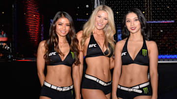 SHENZHEN, CHINA - AUGUST 31: (L-R) UFC Octagon Girls Red Dela Cruz, Kristie Pearson, and Wang Jingjing pose for a photo during the UFC Fight Night event at Shenzhen Universiade Sports Centre on August 31, 2019 in Shenzhen, China. (Photo by Zhe Ji/Getty Images)