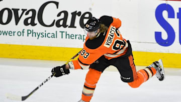 Apr 9, 2016; Philadelphia, PA, USA; Philadelphia Flyers left wing Jakub Voracek (93) takes a shot during the third period against the Pittsburgh Penguins at Wells Fargo Center. The Flyers won 3-1. Mandatory Credit: Derik Hamilton-USA TODAY Sports