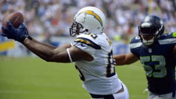 Sep 14, 2014; San Diego, CA, USA; [San Diego Chargers tight end Antonio Gates (85) pulls in an 8-yard touchdown pass in front of Seattle Seahawks outside linebacker Malcolm Smith (53) during second period action at Qualcomm Stadium. Mandatory Credit: Robert Hanashiro-USA TODAY Sports