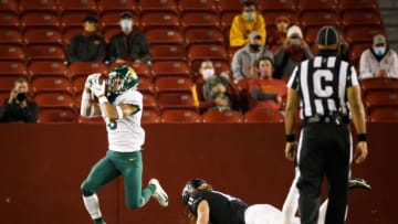 Nov 7, 2020; Ames, Iowa, USA; Baylor cornerback Raleigh Texada (3) intercepts a pass tipped by Iowa State tight end Chase Allen (11) during their football game at Jack Trice Stadium. Mandatory Credit: Brian Powers-USA TODAY Sports