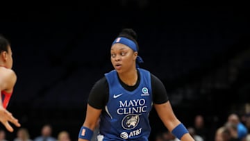 MINNEAPOLIS, MN- MAY 10: Odyssey Sims #1 of the Minnesota Lynx handles the ball against the Washington Mystics on May 10, 2019 at the Target Center in Minneapolis, Minnesota. NOTE TO USER: User expressly acknowledges and agrees that, by downloading and or using this photograph, User is consenting to the terms and conditions of the Getty Images License Agreement. Mandatory Copyright Notice: Copyright 2019 NBAE (Photo by Jordan Johnson/NBAE via Getty Images)