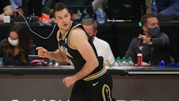 ATLANTA, GEORGIA - JULY 03: Danilo Gallinari #8 of the Atlanta Hawks celebrates a basket against the Milwaukee Bucks during the first half in Game Six of the Eastern Conference Finals at State Farm Arena on July 03, 2021 in Atlanta, Georgia NOTE TO USER: User expressly acknowledges and agrees that, by downloading and or using this photograph, User is consenting to the terms and conditions of the Getty Images License Agreement. (Photo by Kevin C. Cox/Getty Images)