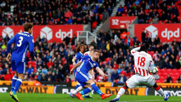 March 18th 2017, Stoke On Trent, Staffordshire, England; EPL Premiership football; Stoke City versus Chelsea; Gary Cahill of Chelsea scores his teams second goal to win the match (Photo by Paul Keevil/Action Plus via Getty Images)