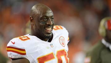 Nov 15, 2015; Denver, CO, USA; Kansas City Chiefs outside linebacker Justin Houston (50) reacts on his sidelines in the fourth quarter against the Denver Broncos at Sports Authority Field at Mile High. Mandatory Credit: Ron Chenoy-USA TODAY Sports