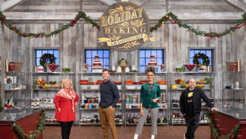 Portrait of Nancy Fuller, Jesse Palmer, Carla Hall and Duff Goldman, as seen on Holiday Baking Championship, Season 7.