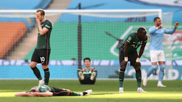 LONDON, ENGLAND - APRIL 25: Harry Kane of Tottenham Hotspur looks dejected after the Carabao Cup Final between Manchester City and Tottenham Hotspur at Wembley Stadium on April 25, 2021 in London, England. 8,000 fans are due to watch the game at Wembley, the most at an outdoor sporting event in the UK since the coronavirus pandemic started in March, 2020. Each team has been given an allocation of 2,000 with the remaining tickets split between local residents and NHS staff. (Photo by Clive Rose/Getty Images)
